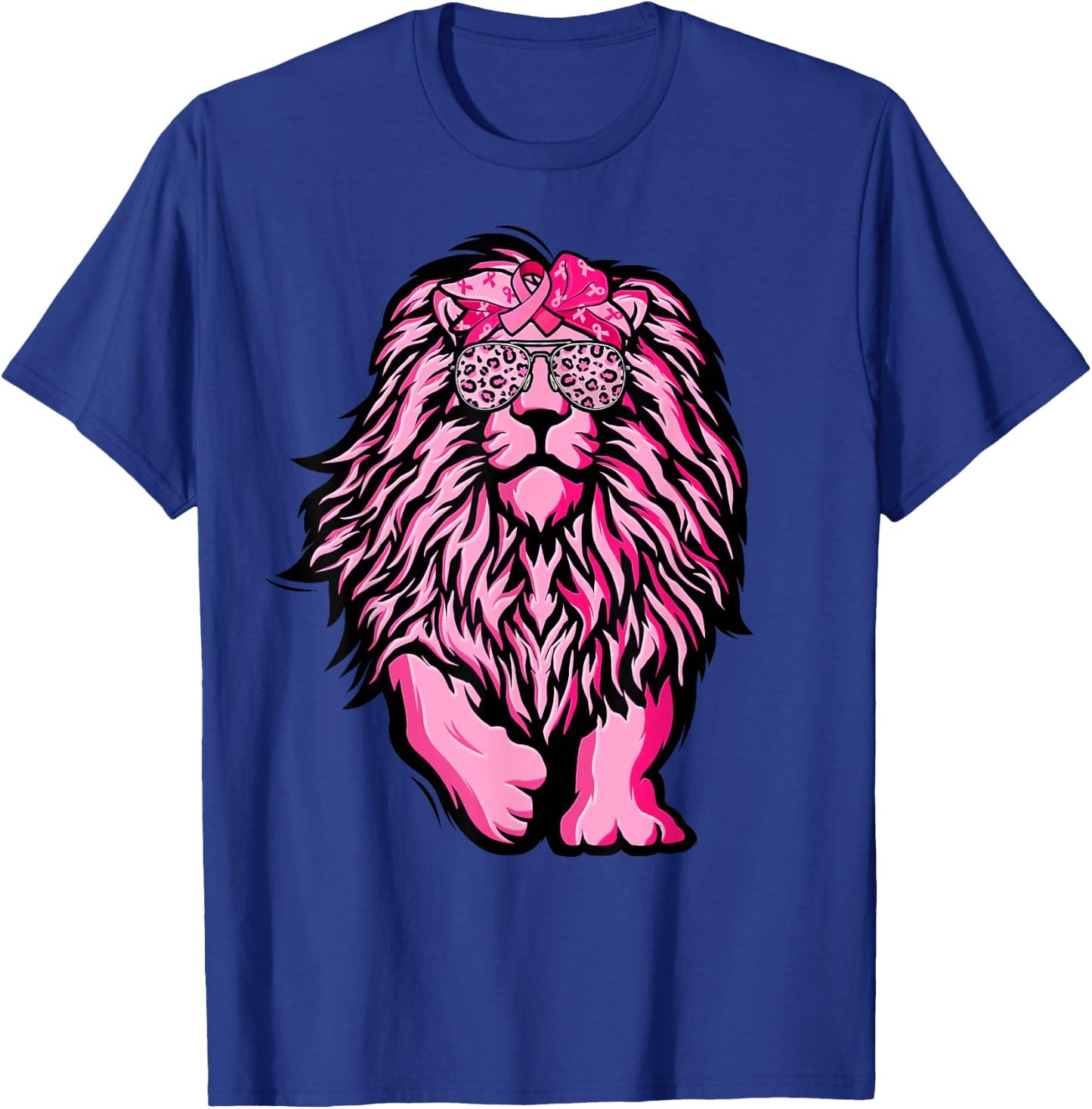Lion Pink Bandana Ribbon Breast Cancer Awareness Warrior T-Shirt - T-Shirt | Royal