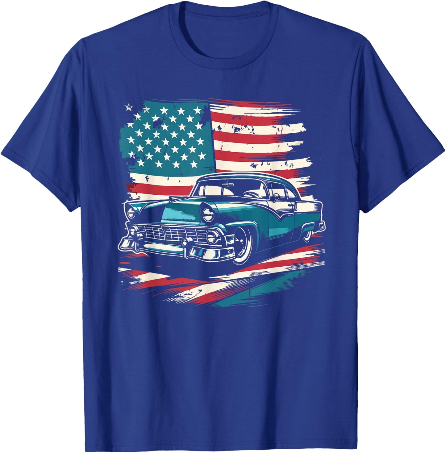 Vintage Classic Car American Flag 4th of July Patriotic T-Shirt - T-Shirt | Royal