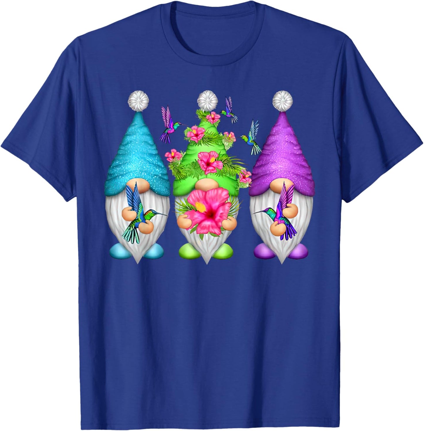 Cute Gnomes Hummingbirds Hibiscus Flower Bird Nature Lover T-Shirt - T-Shirt | Royal