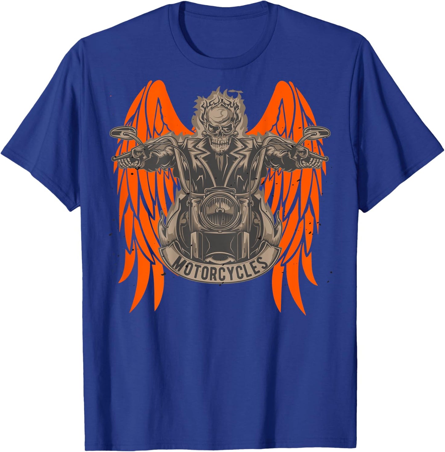 Motorcycle Rider Skeleton Angel Wings Distressed - on back T-Shirt - T-Shirt | Royal