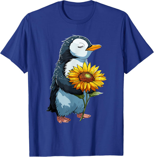 Penguin Holding Sunflower Cute Penguin Lover T-Shirt - T-Shirt | Royal