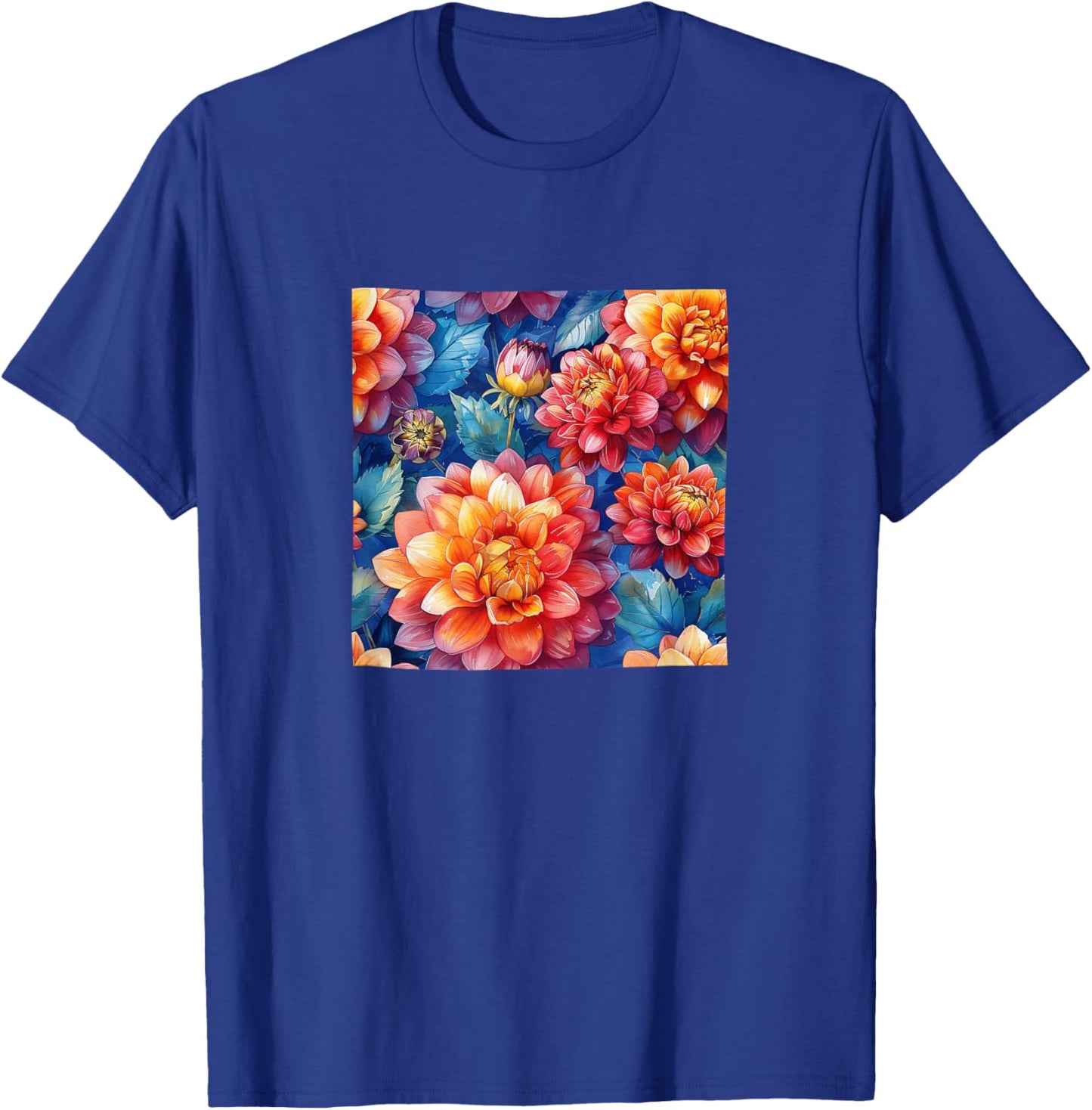 Dahlia Flower Watercolor Pattern Graphic T-Shirt - T-Shirt | Royal
