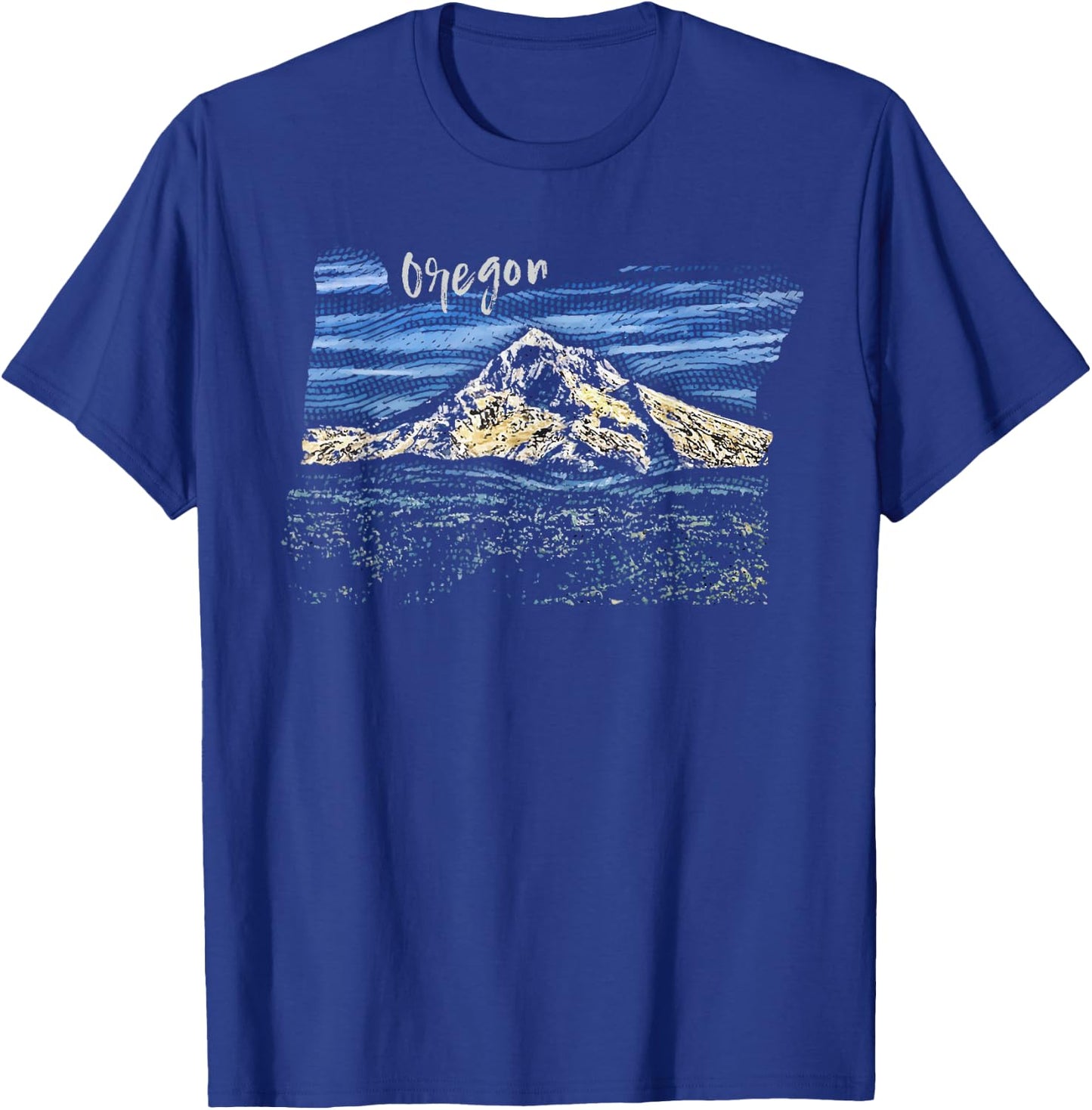 Mt. Hood Oregon Hand Drawn Engraving T-Shirt - T-Shirt | Royal