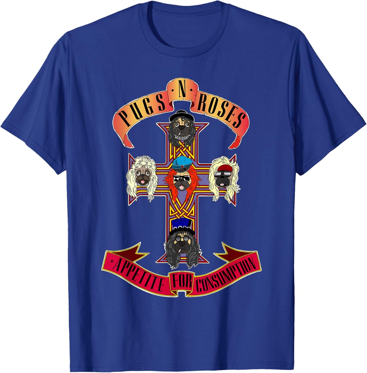 Pugs & Roses Funny Classic Rock And Roll Lover Pug Owner T-Shirt - T-Shirt | Royal