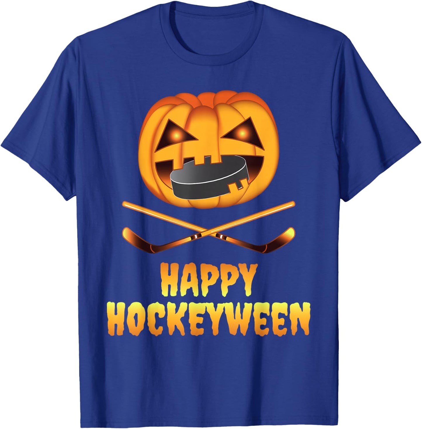 Happy Hockeyween Hockey Pumpkin Eating Puck Funny Halloween T-Shirt - T-Shirt | Royal