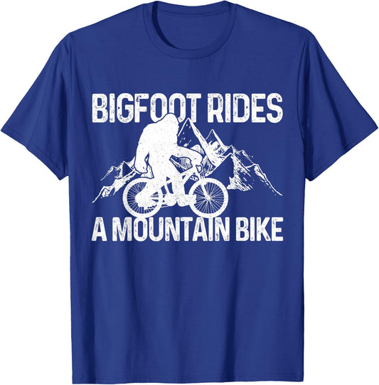 Bigfoot Rides A Mountain Bike Funny MTB Biking Biker Gift T-Shirt - T-Shirt | Royal
