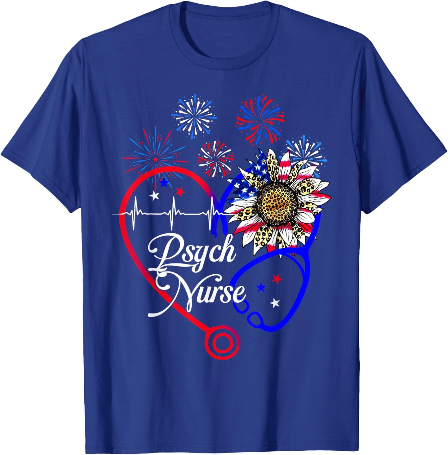 Patriotic American Psych Nurse Sunflower 4th Of July Nursing T-Shirt - T-Shirt | Royal