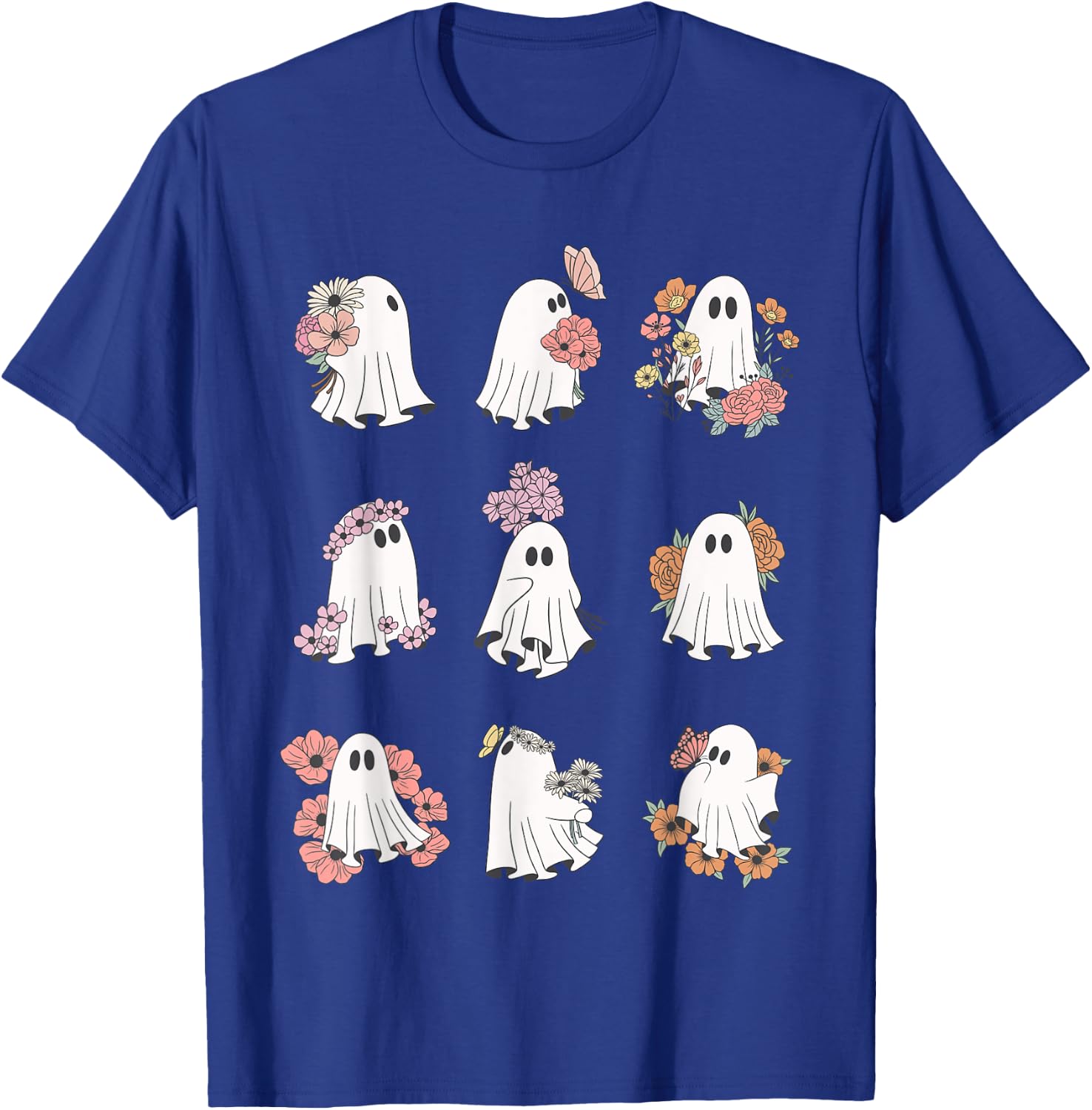 Cute Ghost Floral Plant Design Halloween Ghost With Flowers T-Shirt - T-Shirt | Royal