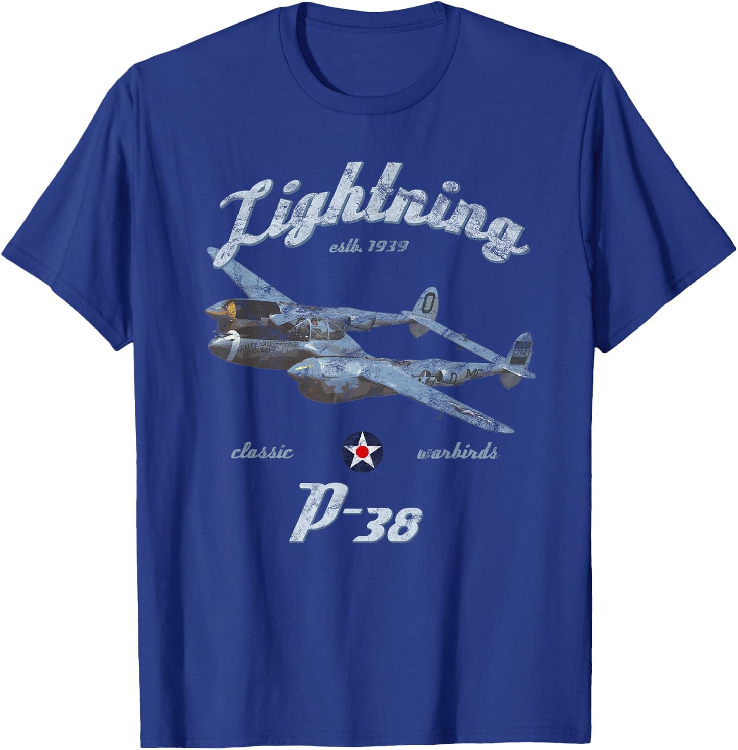 Designed For Flight P-38 Lightning Classic Warbird WWII Fighter Airplane Vintage Black Adult T-Shirt - T-Shirt | Royal