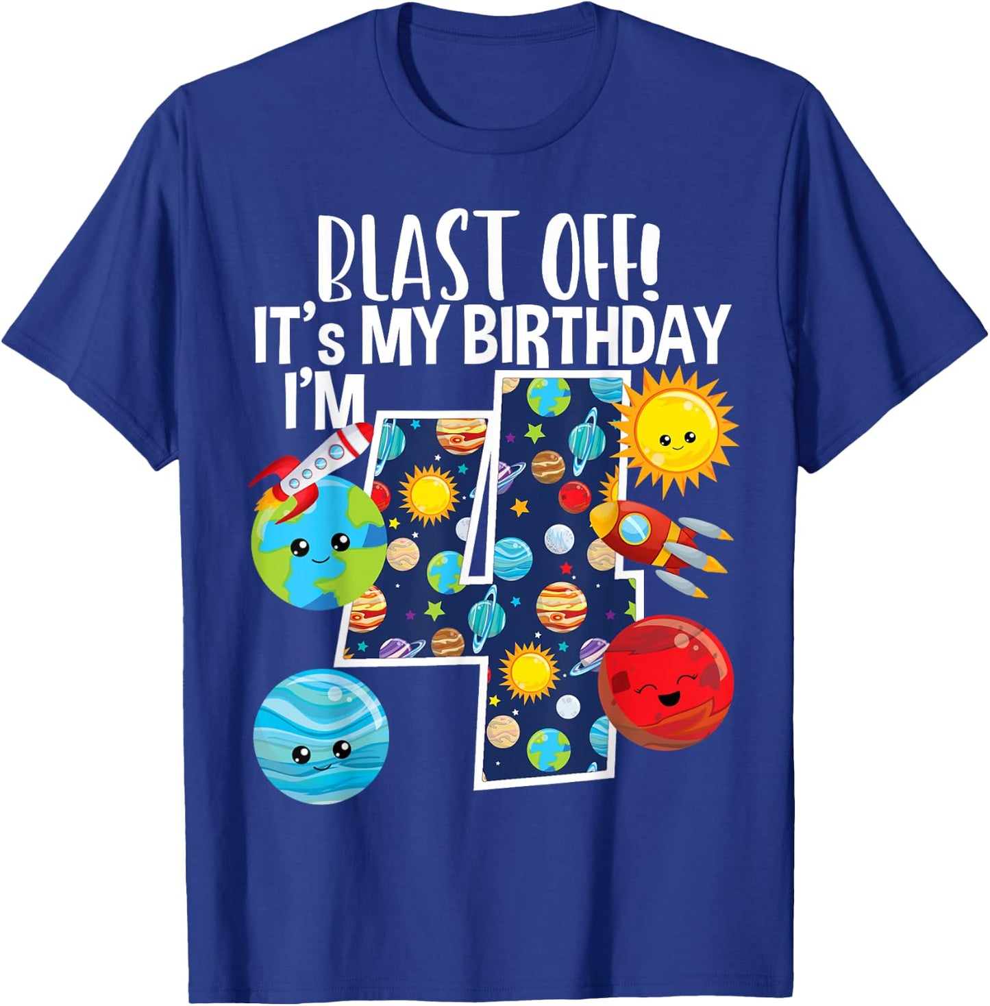 Space Planets Funny Solar Space 4th Birthday Party 4 Yrs Old T-Shirt - T-Shirt | Royal