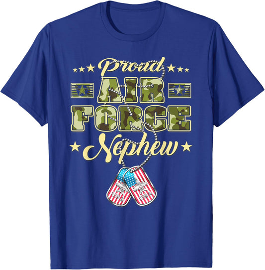 Proud Air Force Nephew Camo US Flag Dog Tags Military Family Men Kids T-Shirt - T-Shirt | Royal