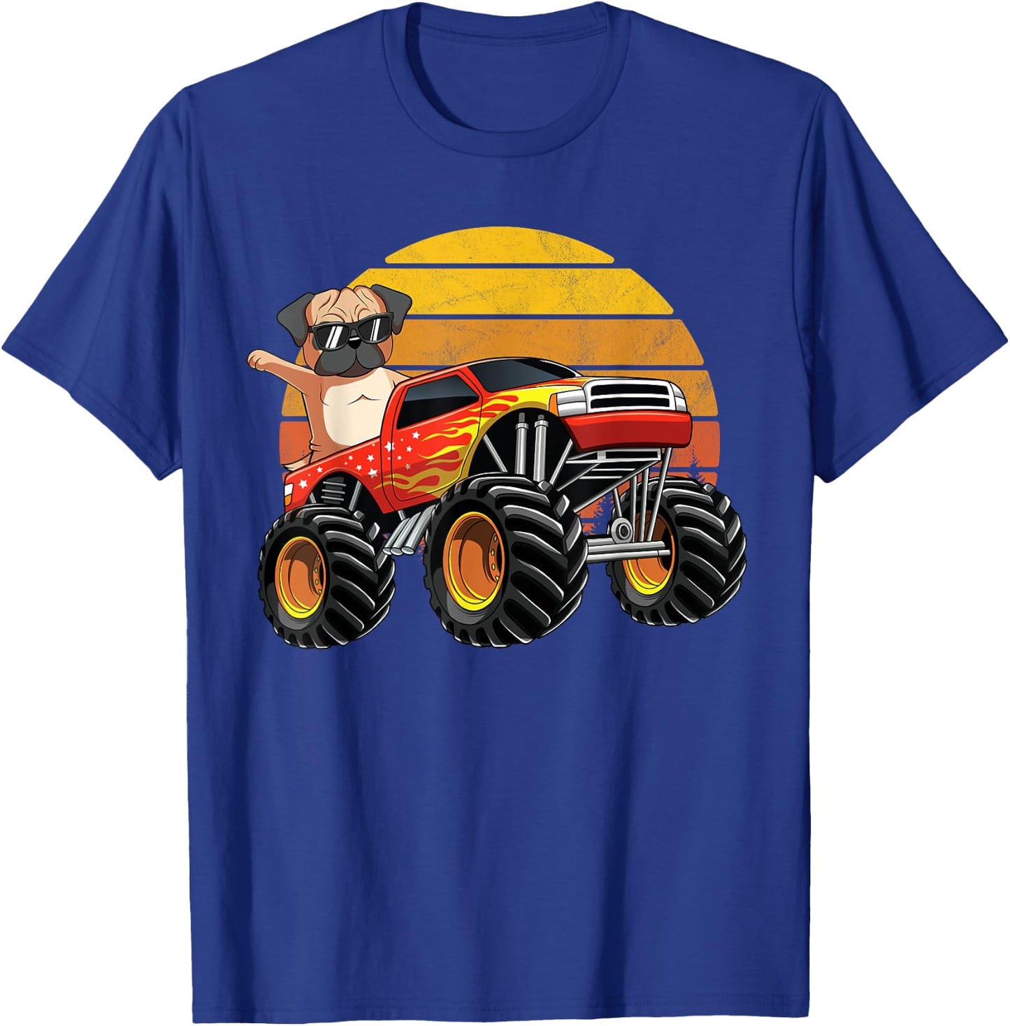 Vintage Monster Truck Pug Dog Retro Sunset Boys T-Shirt - T-Shirt | Royal