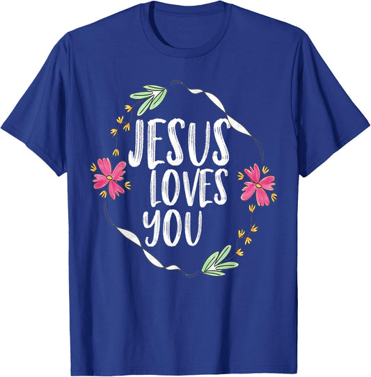 Jesus loves you with Round flower frame Graphic T-Shirt - T-Shirt | Royal