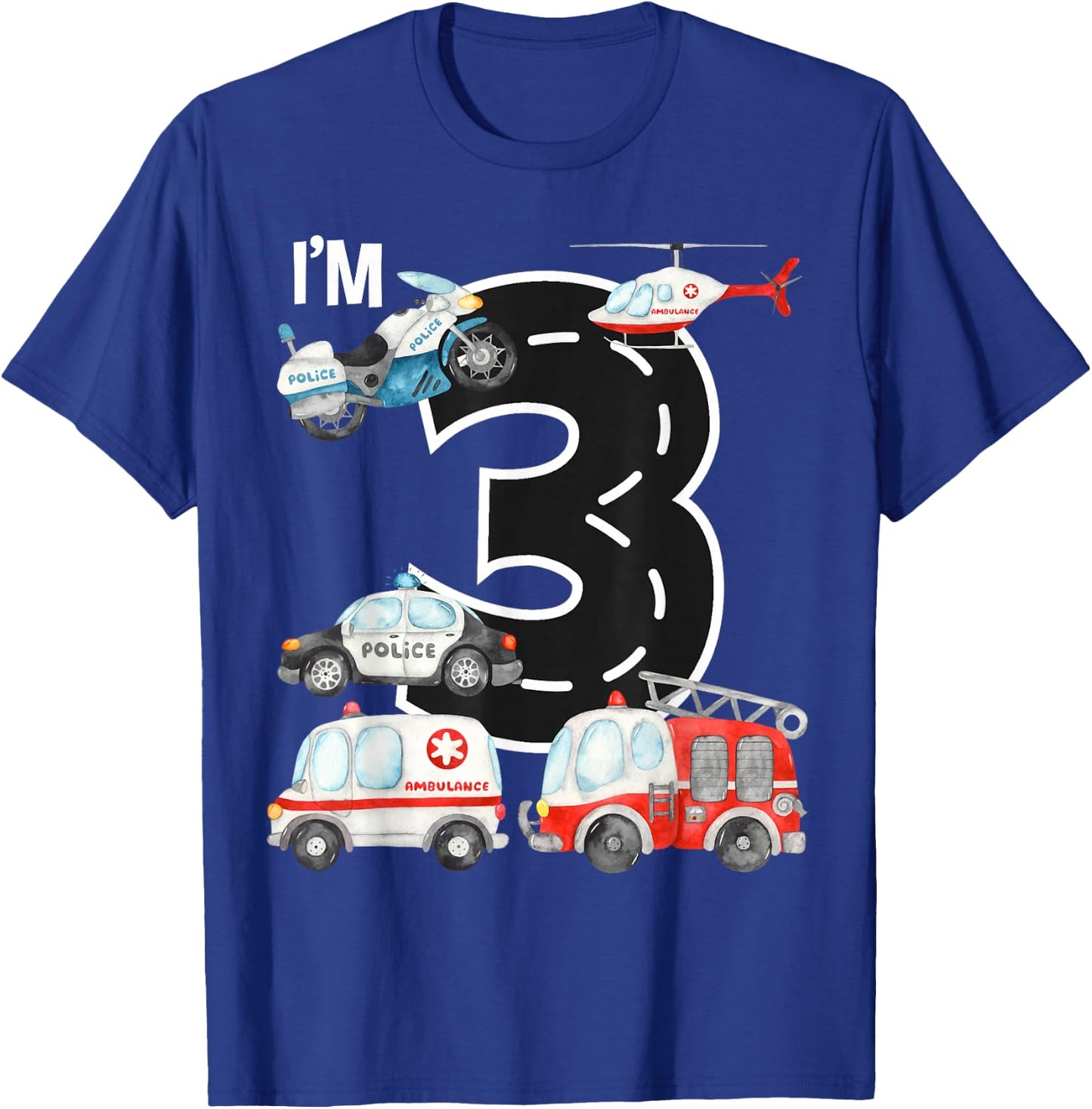 Emergency Vehicles 3rd Birthday Fire Truck Police Car Boys T-Shirt - T-Shirt | Royal