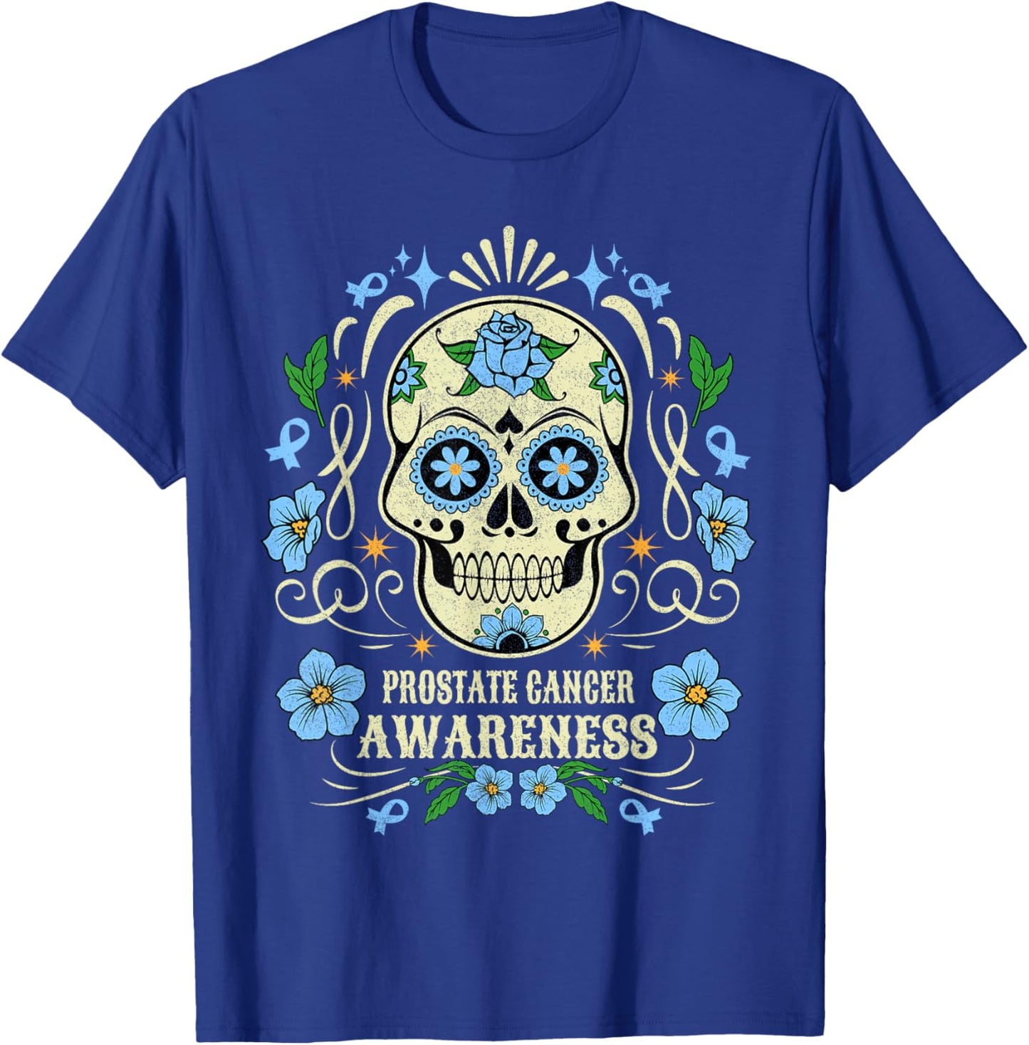 Skull Flower Prostate Cancer Awareness Retro Blue Ribbon T-Shirt - T-Shirt | Royal