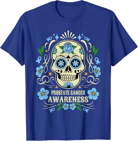 Skull Flower Prostate Cancer Awareness Retro Blue Ribbon T-Shirt - T-Shirt | Royal