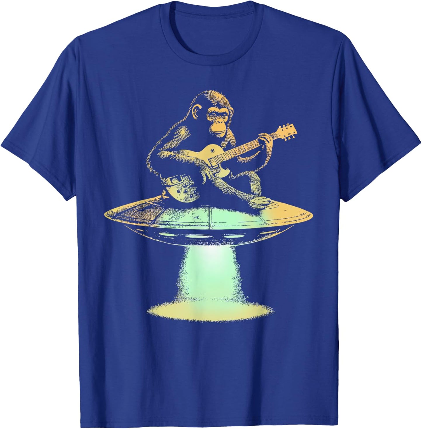 Monkey Playing Guitar On UFO Funny Guitarist Musician T-Shirt - T-Shirt | Royal