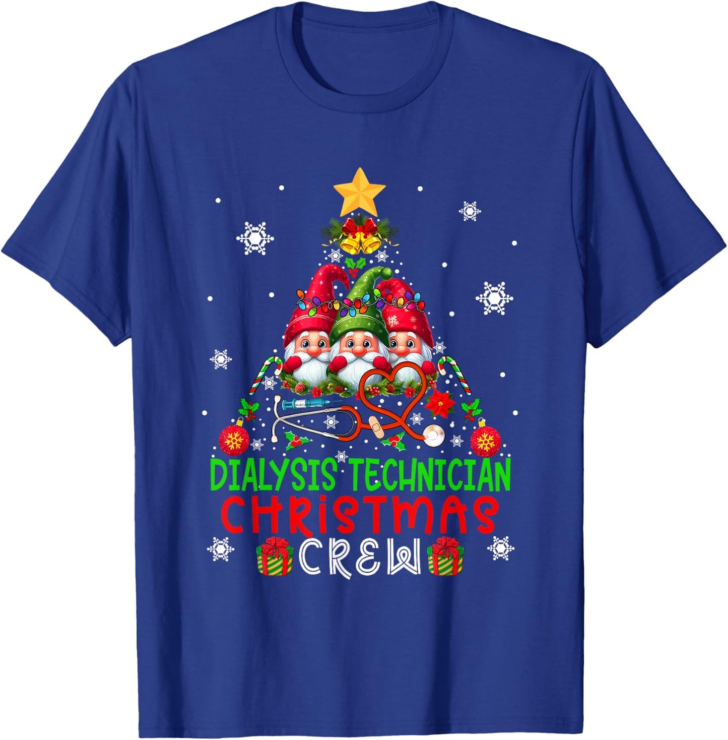 Dialysis Technician Christmas Crew Three Gnomes Xmas Tree T-Shirt - T-Shirt | Royal