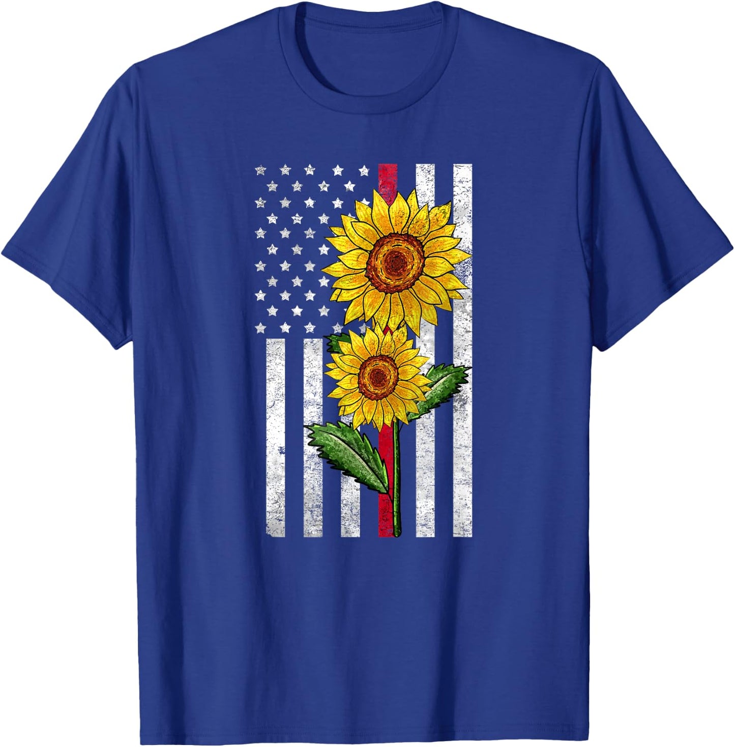 Sunflower Thin Red Line USA American Flag Firefighter Wife T-Shirt - T-Shirt | Royal