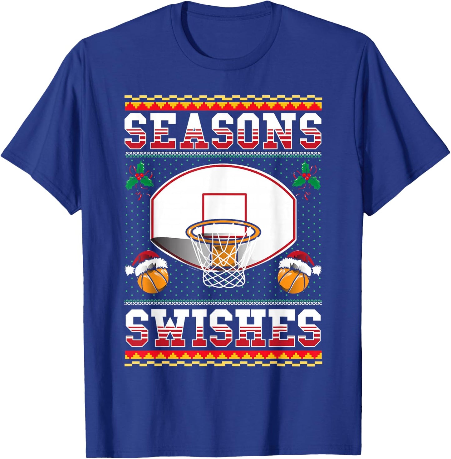 Basketball Seasons Swishes Ugly Christmas Pattern Sports T-Shirt - T-Shirt | Royal