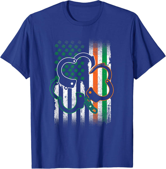 Irish Handcuffs St Patrick's Day Police American Flag Gift T-Shirt - T-Shirt | Royal