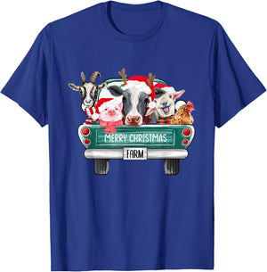 Christmas Farm Animals Truck Santa Hat Family Pajamas Xmas T-Shirt - T-Shirt | Royal