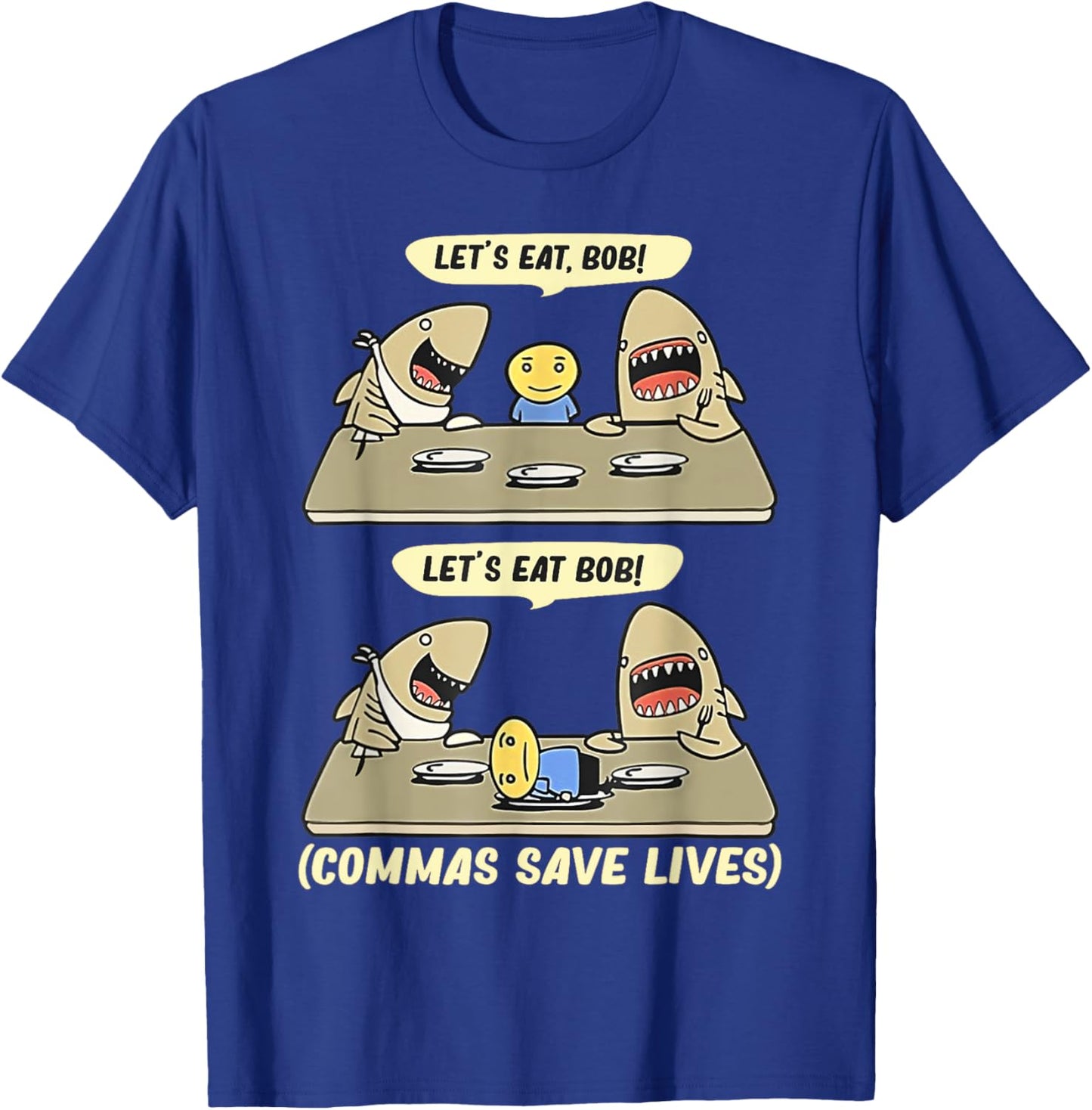 Shark Lets Eat Funny English Grammar Commas Punctuation T-Shirt - T-Shirt | Royal