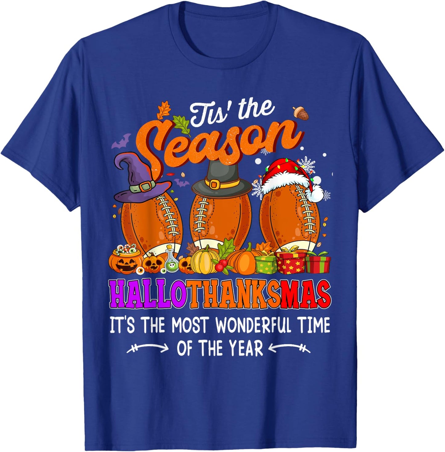 Happy HalloThanksMas Funny Halloween Thanksgiving Christmas T-Shirt - T-Shirt | Royal