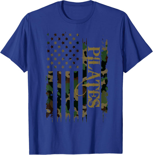 Pilates United States Distressed Camo w US Flag T-Shirt - T-Shirt | Royal