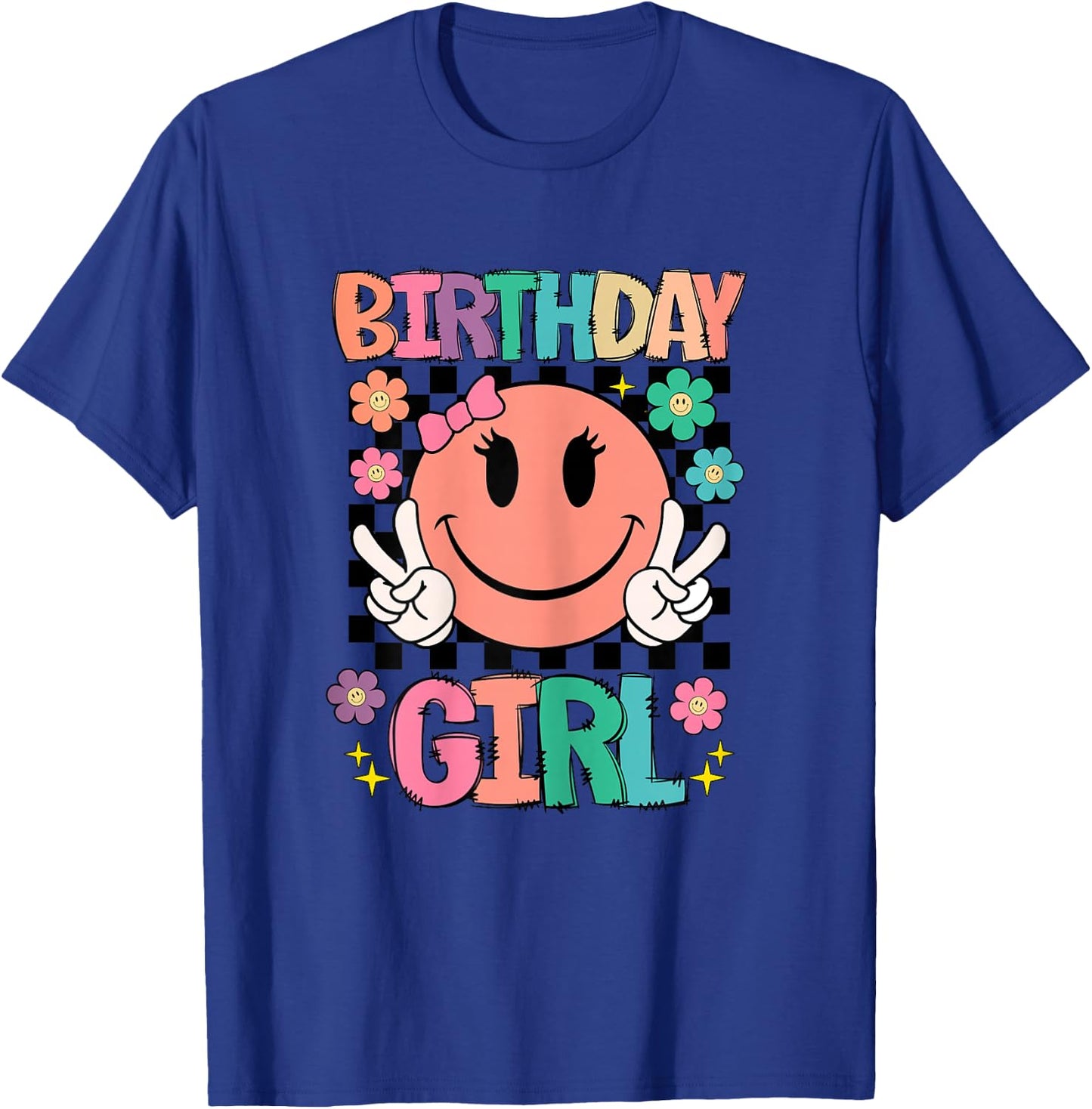 Birthday Girl Daisy Happy Face Checkered Pattern Smile Face T-Shirt - T-Shirt | Royal