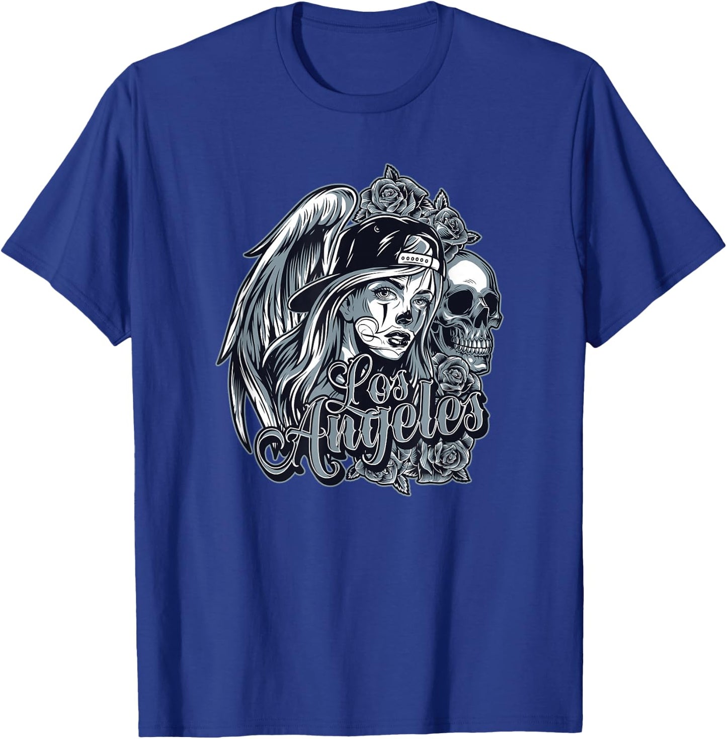 Los Angeles Chicana Design With Skulls Roses and Angel Wings T-Shirt - T-Shirt | Royal