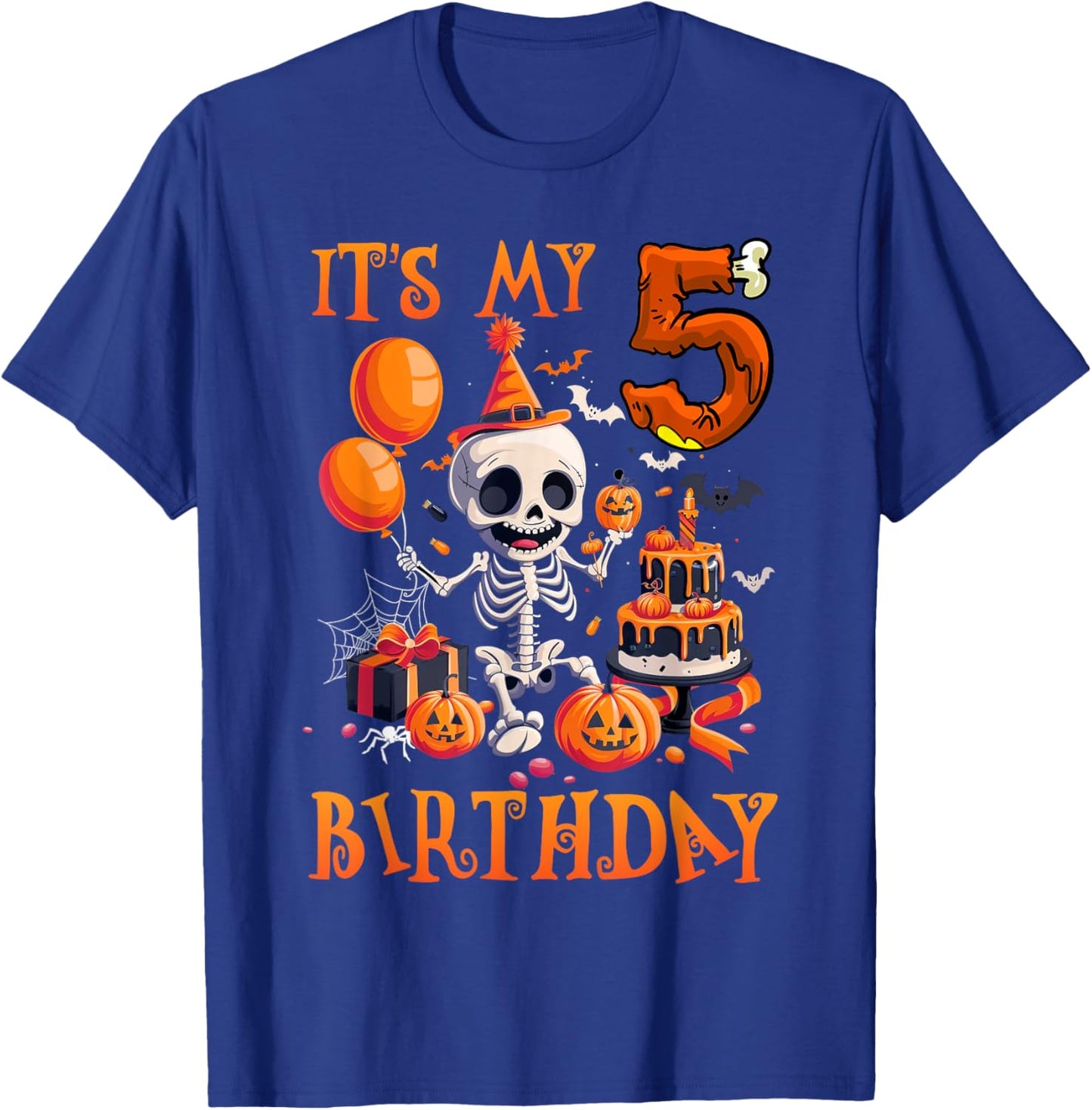 Kids Boo It's My 5th Birthday Halloween Skeleton 5 Years Old T-Shirt - T-Shirt | Royal