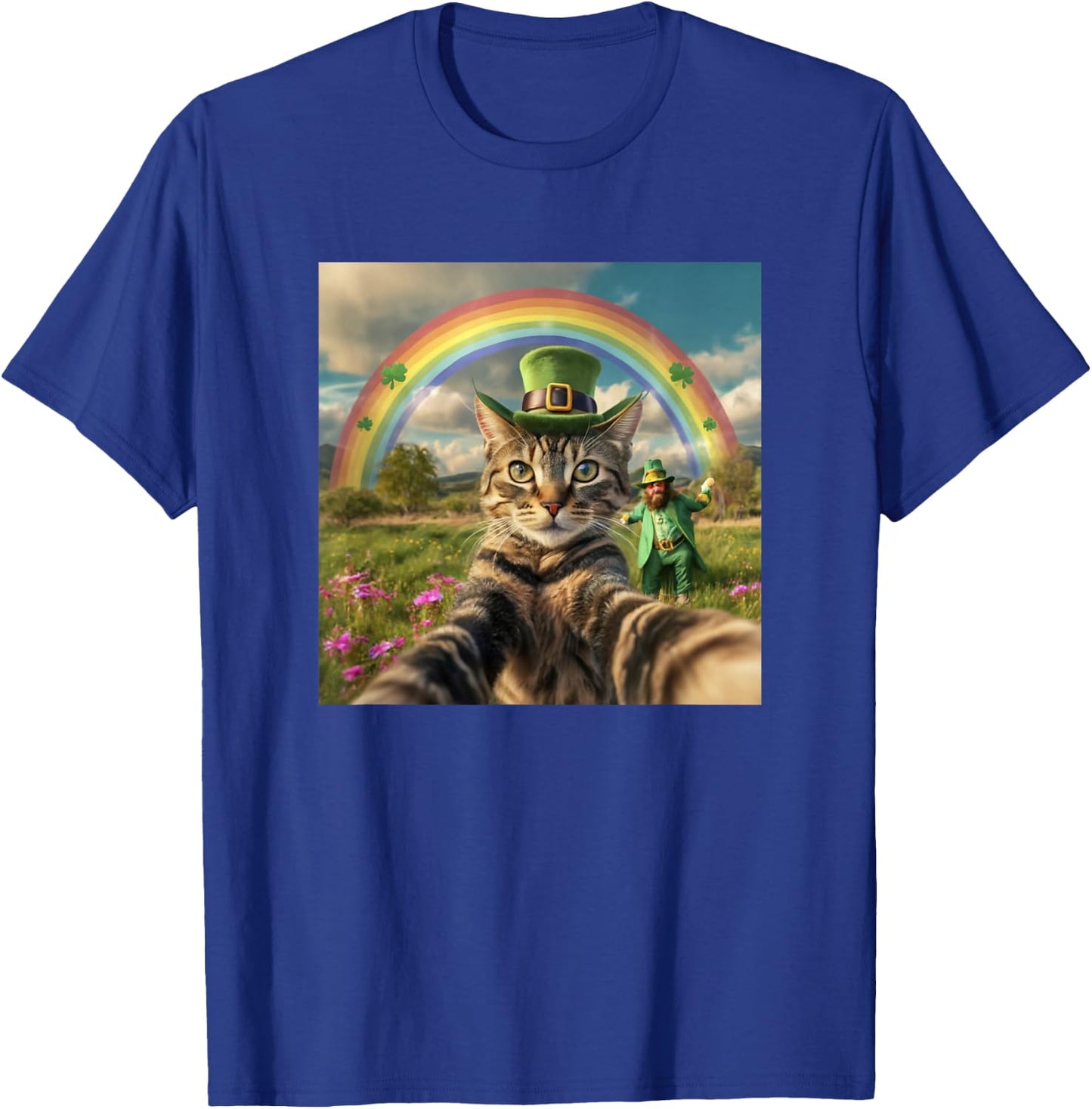 St Patrick's Day Cat Selfie with Leprechaun Funny Photo T-Shirt - T-Shirt | Royal