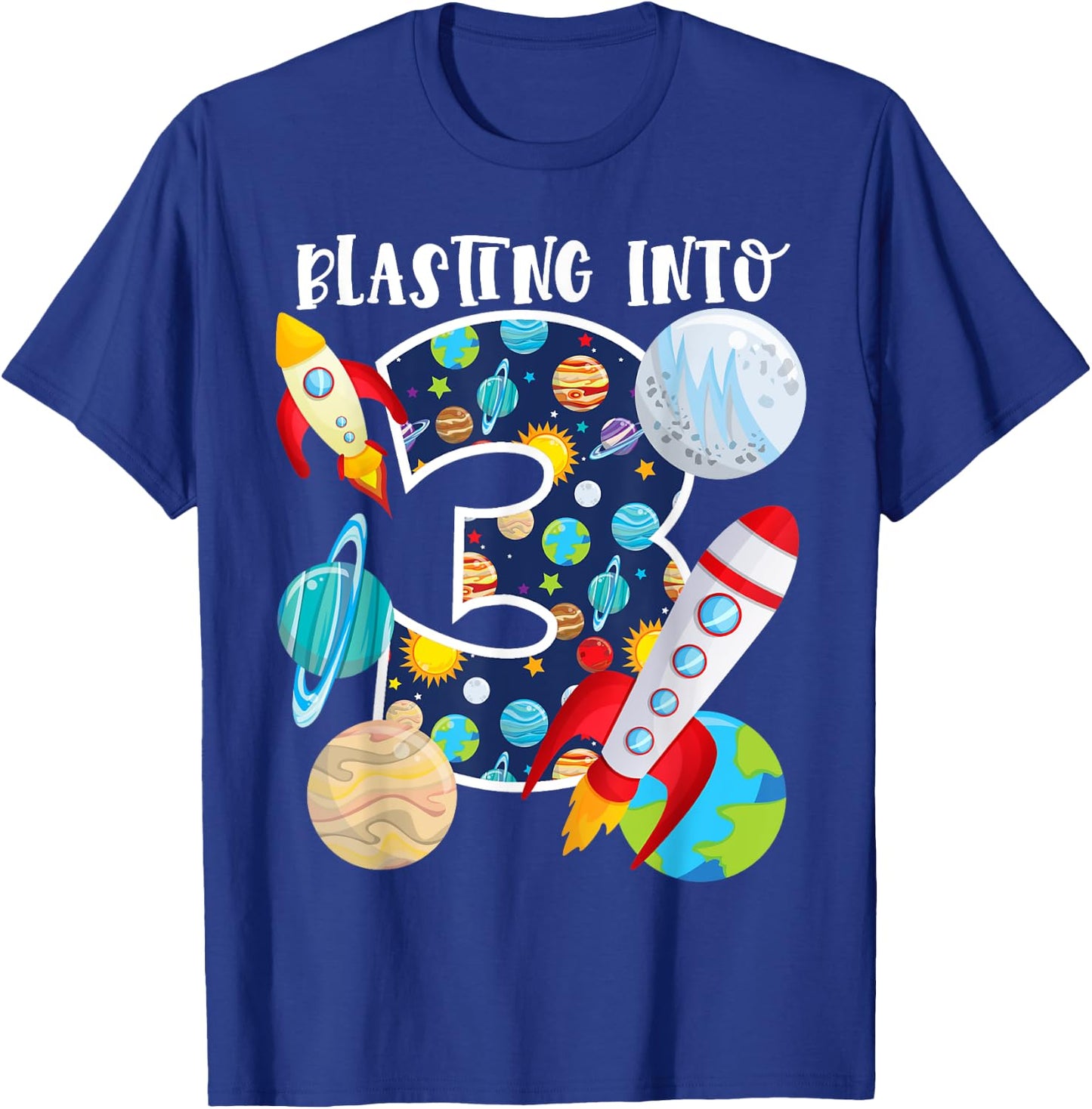 Blasting Into Outer Space 3 Year Old 3rd Birthday Party Kids T-Shirt - T-Shirt | Royal