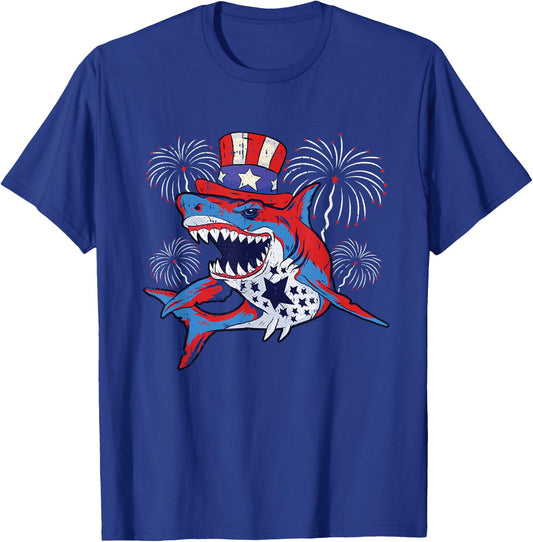 Shark American Flag 4th Of July Jawsome Patriotic Animal T-Shirt - T-Shirt | Royal