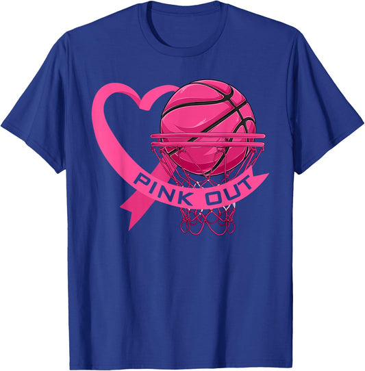 Pink Out Breast Cancer Pink Ribbon Heart & Basketball Ball T-Shirt - T-Shirt | Royal