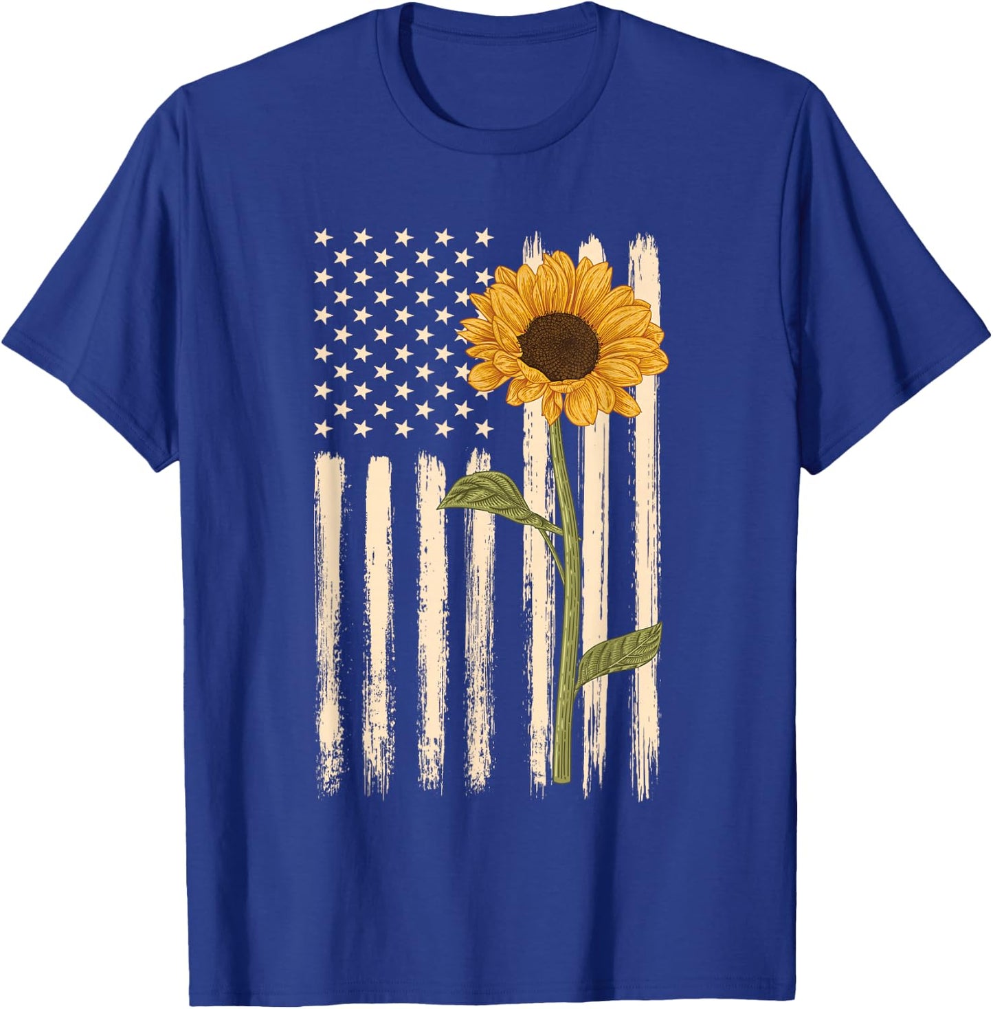 Patriotic American Flag Sunflower casual graphic T-Shirt - T-Shirt | Royal