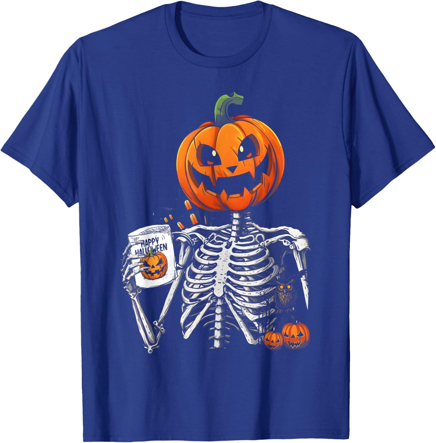Coffee Drinking Skeleton Pumpkin Halloween Costume Women Men T-Shirt - T-Shirt | Royal