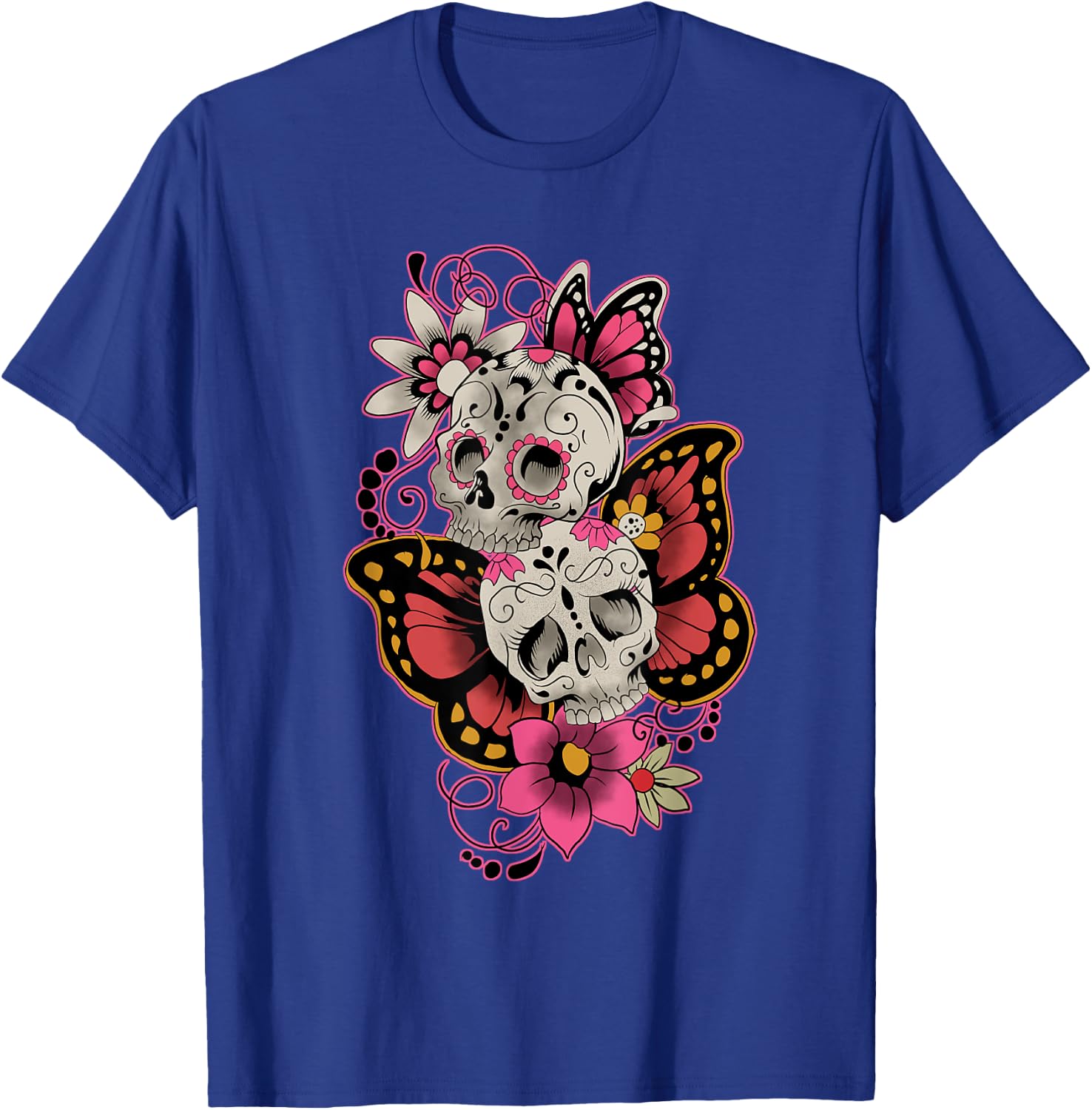 Sugar Skull Butterfly Flowers Day Of The Dead Men Women T-Shirt - T-Shirt | Royal
