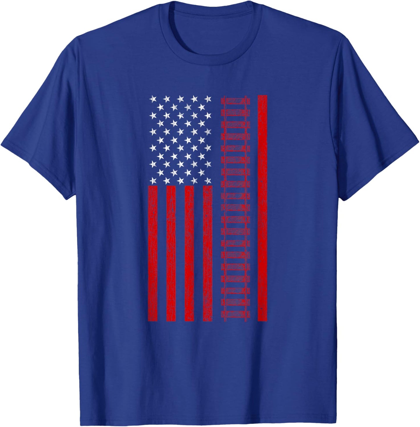 American Railroad Worker Flag With Train Tracks Distressed T-Shirt - T-Shirt | Royal