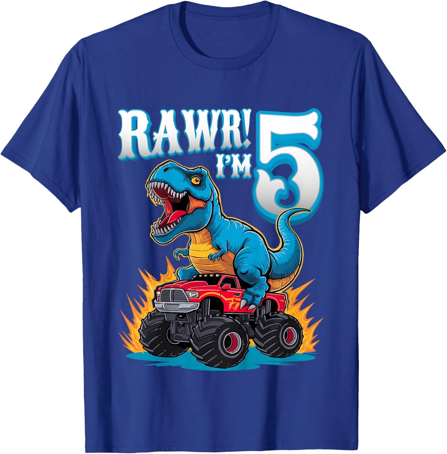 Rawr I'm 5 Year Old T-Rex Monster Truck 5th Birthday Party T-Shirt - T-Shirt | Royal
