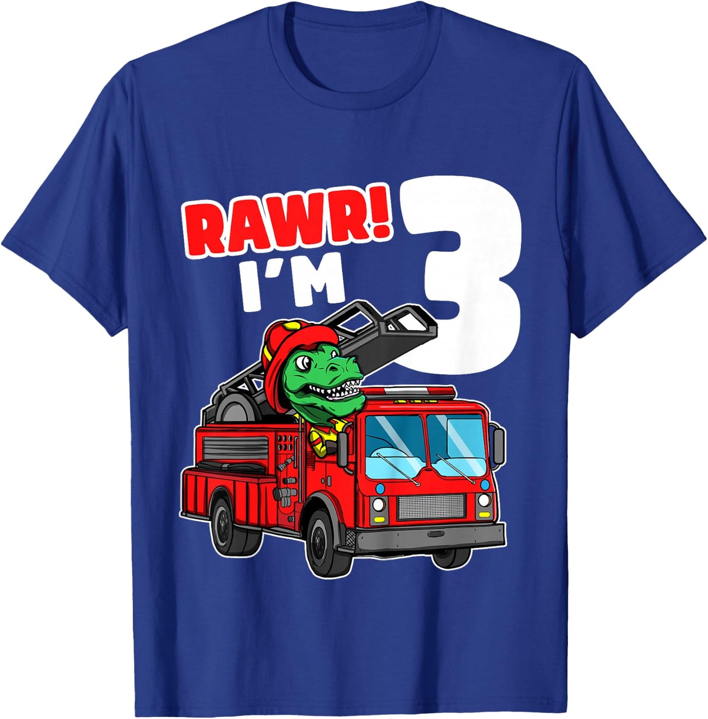 Kids Dinosaur Fire Truck 3rd Birthday Boy 3 T-Rex Firefighter T-Shirt - T-Shirt | Royal