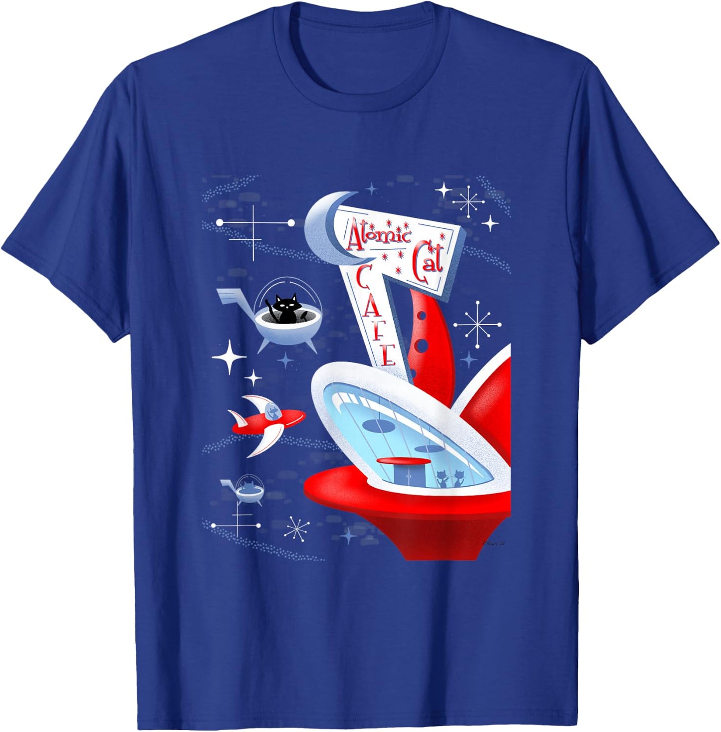 Funny Atomic Cat Cafe Retro Futuristic Spaceport Mid Century T-Shirt - T-Shirt | Royal