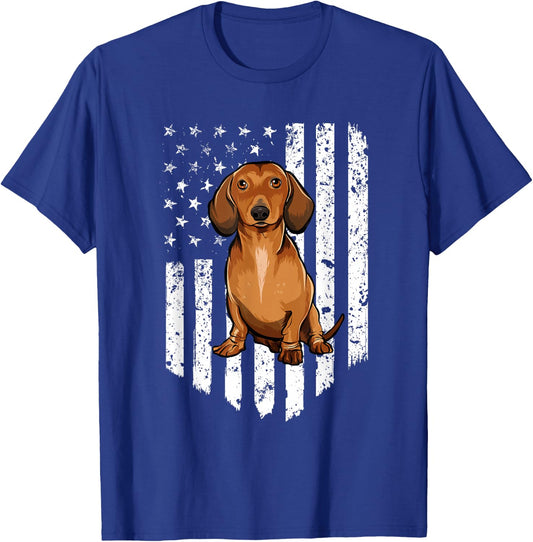 Black White American Flag Brown Dachshund 4th Of July USA T-Shirt - T-Shirt | Royal
