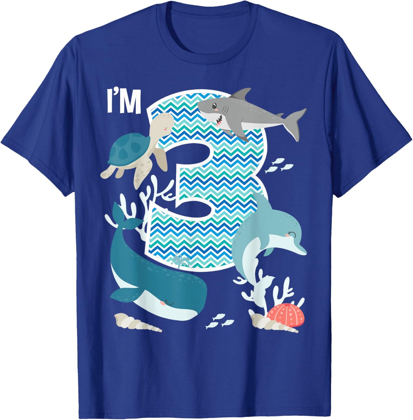 Kids 3 Year Old Ocean Life Whale Dolphin Shark 3rd Birthday T-Shirt - T-Shirt | Royal