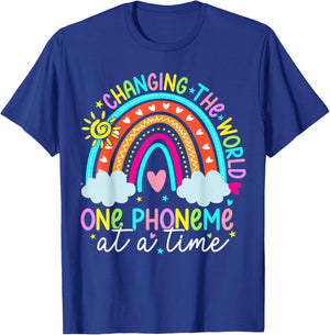 Early Intervention Teacher Phonemic Awareness Team Science of Reading Changing The World One Phoneme At A Time Kids Rainbow Birthday T-Shirt - T-Shirt | Royal