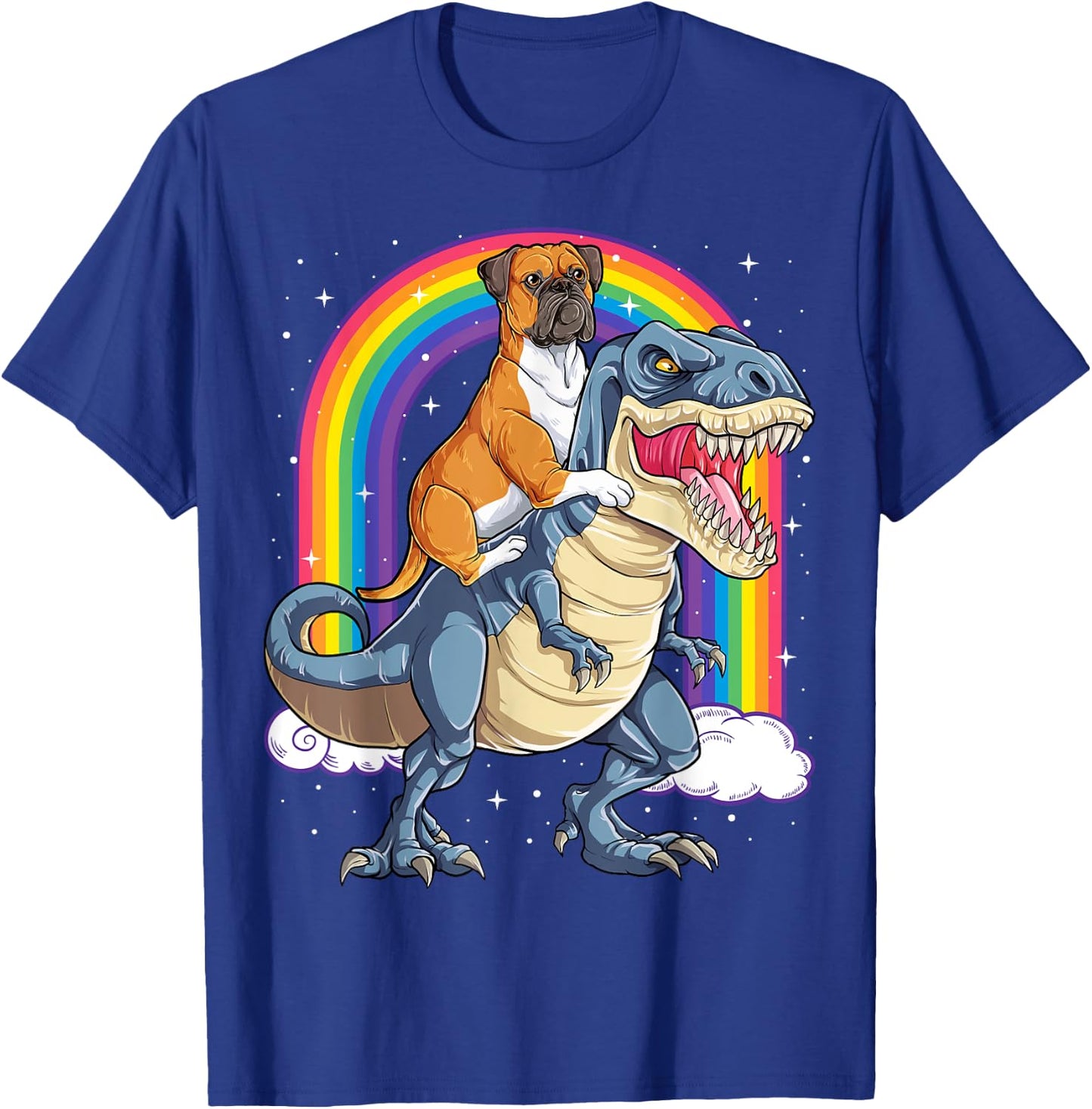 Boxer Riding Dinosaur T-rex Gift Dog Lover Boys Kids Rainbow T-Shirt - T-Shirt | Royal