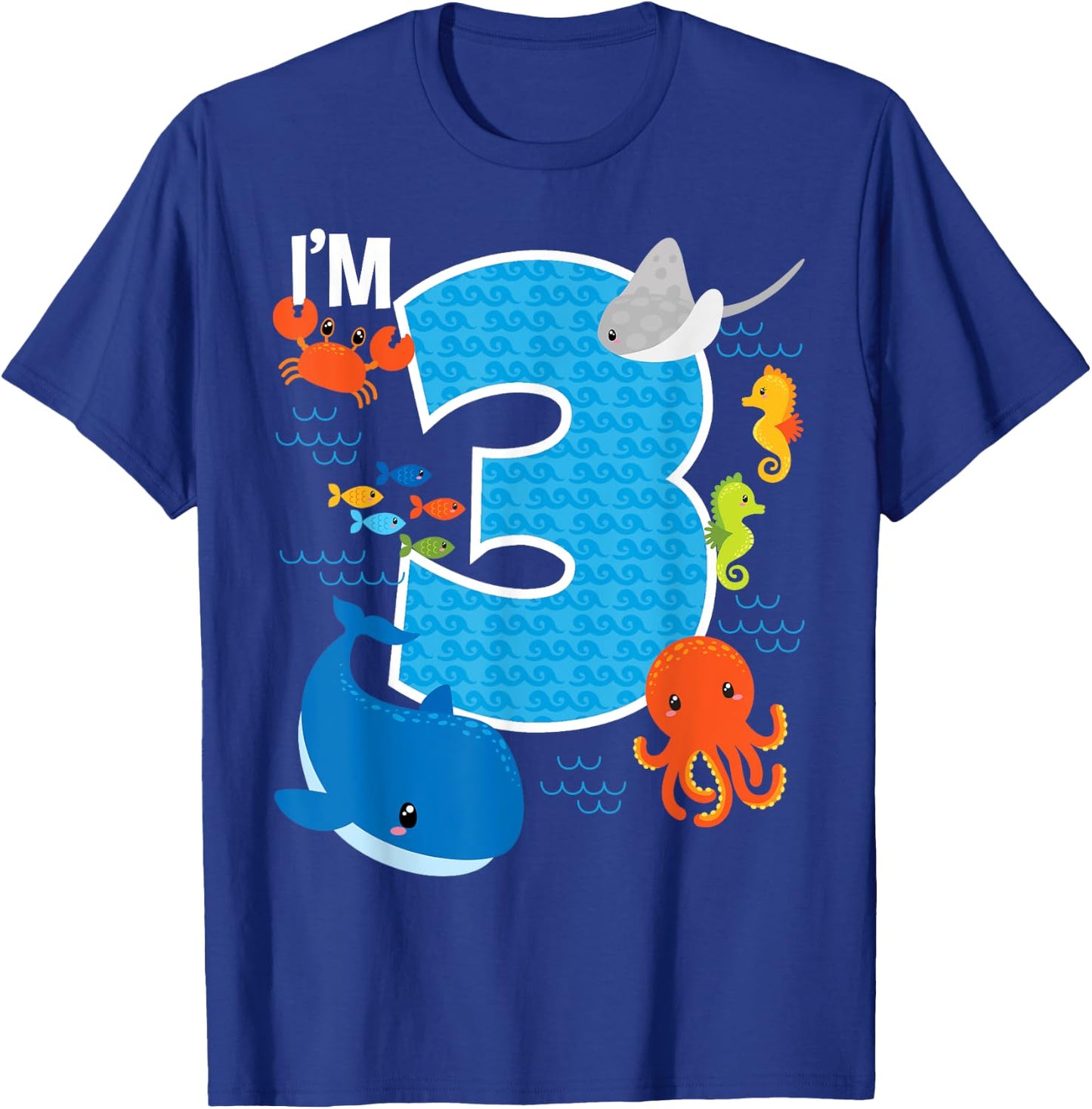 Kids 3 Year Old Birthday Whale Fish Sea Bday Boys and Girls T-Shirt - T-Shirt | Royal