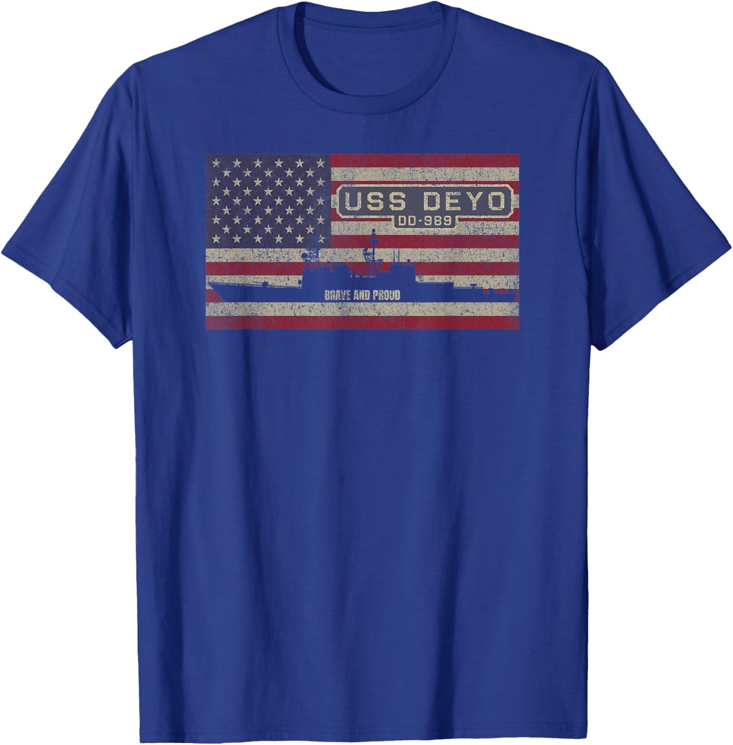 USS Deyo DD-989 Destroyer Ship USA American Flag T-Shirt - T-Shirt | Royal