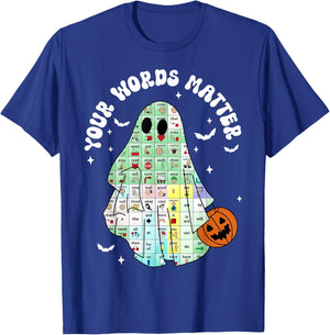 Your Words Matter Pumpkin Ghost SLP Speech Therapy Halloween T-Shirt - T-Shirt | Royal